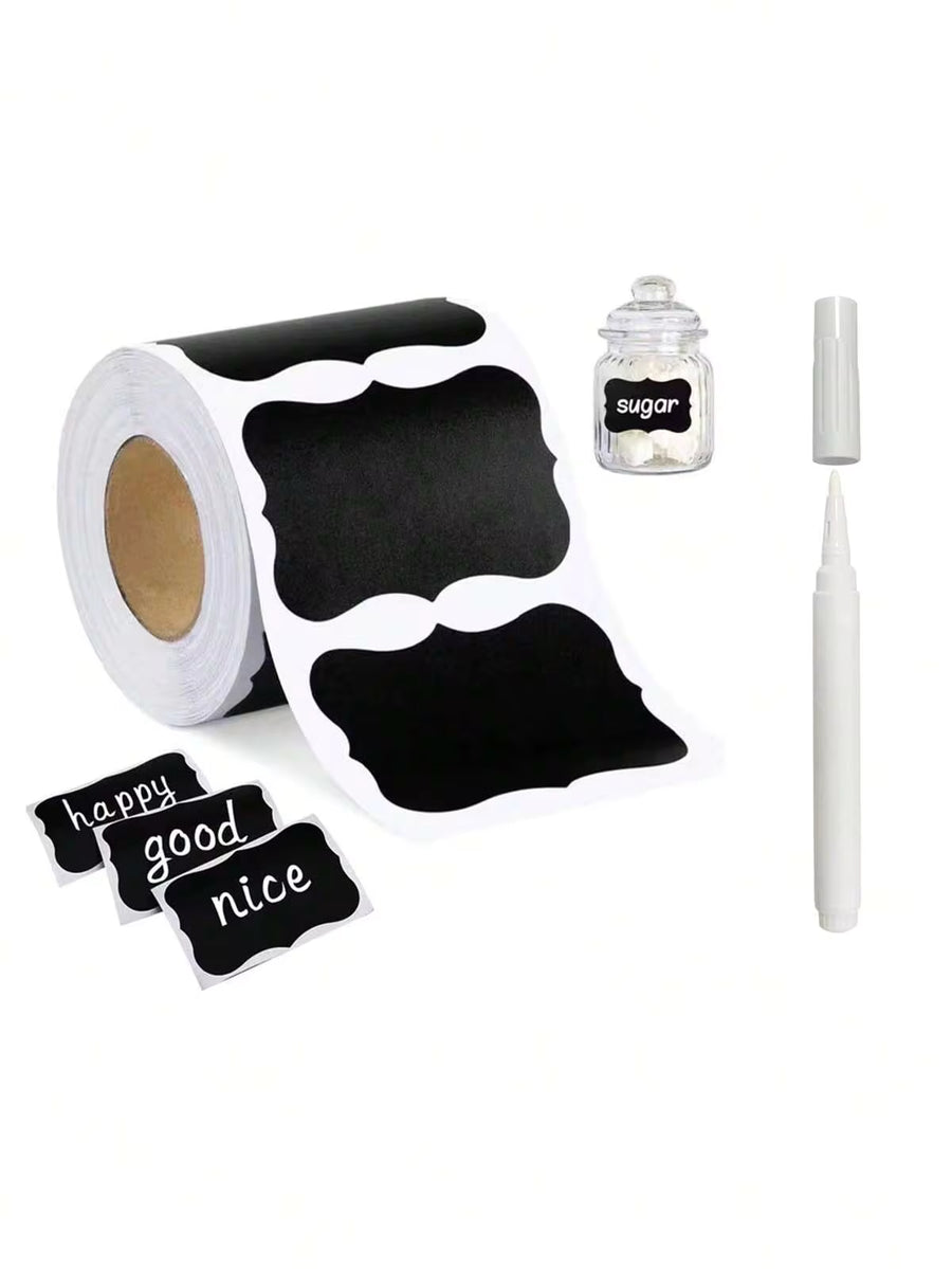 120pcs/Roll (Optional With Pen)Chalkboard Glass Jar Label Stickers, Reusable Black Waterproof Label Stickers, Wavy Shape Labels For Kitchen & Pantry Organization, Great For Containers, Jars, Spices And Food Storage