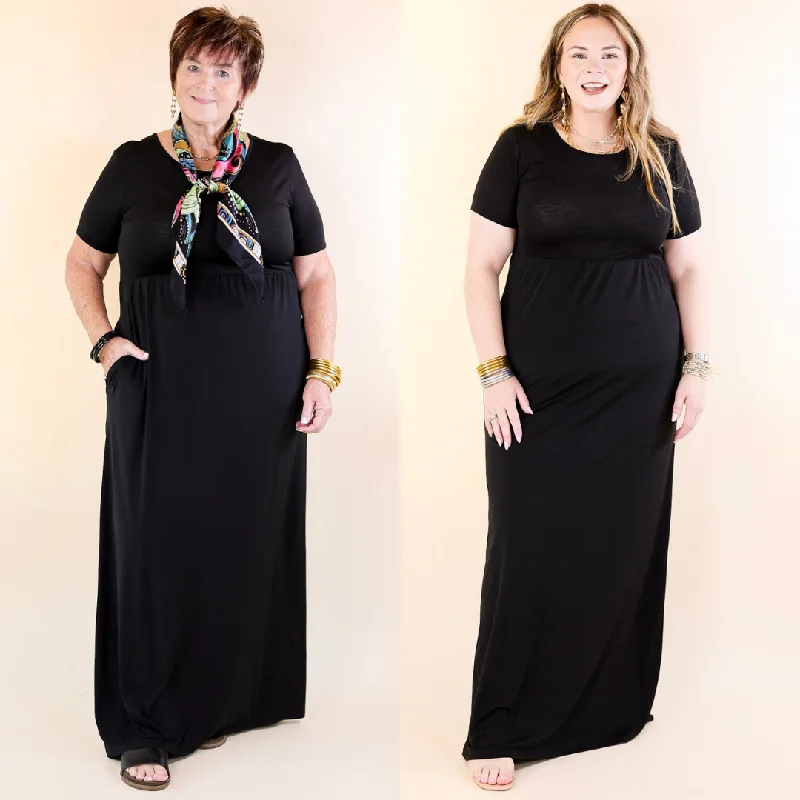 Just Landed Short Sleeve Babydoll Maxi Dress in Black