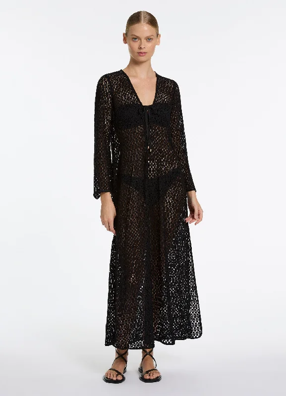 Button - down cover ups for a versatile and easy - to - wear optionStretch Lace Maxi Kaftan - Black