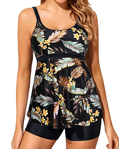 Plus Size Women's Print - Blocked Swim Tops in Multicolor for a Trendy and Fashion - Forward LookTwo Piece Tankini Bathing Suits For Women Slimming Swimming Suit-Brown Leaves