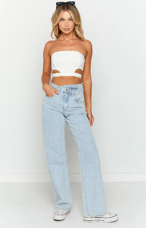 Striped Women's Crop Top in Navy and White for a Nautical and Timeless StyleEmerson White Strapless Crop Top