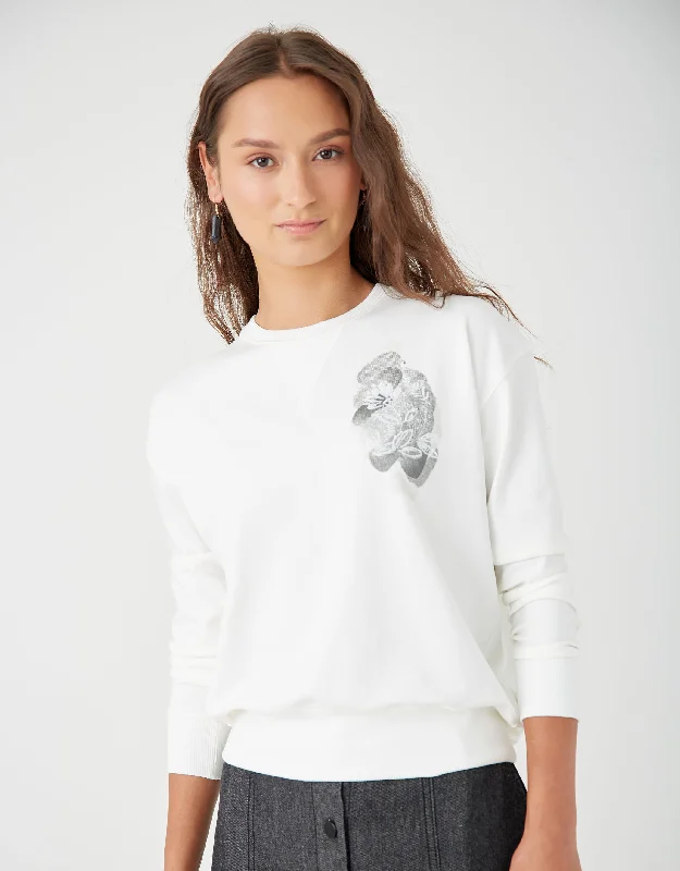 Women's quarter - zip sweatshirt made of organic cotton for eco - conscious fashionLight French Terry Sweatshirt with Embroidered Screen Print Detail White