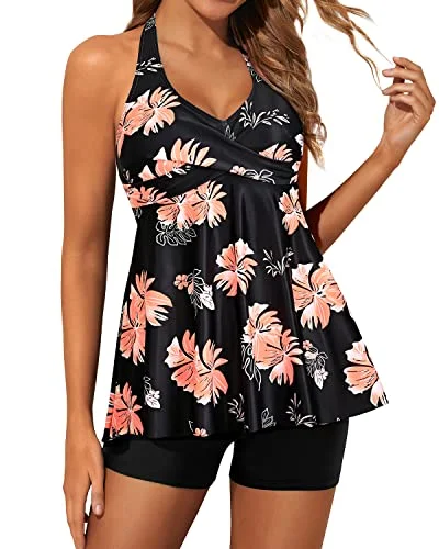 Plus Size Women's Print - Blocked Swim Tops in Multicolor for a Trendy and Fashion - Forward LookAdjustable Self-Tie Tankini Swimsuits For Women Shorts-Black Orange Floral