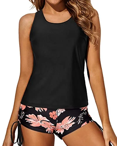 Women's Seersucker - Textured Swim Tops in Light Blue for a Preppy Beach AestheticWomen's 3 Piece Tankini Swimsuits Backless Tank Top-Black Orange Floral