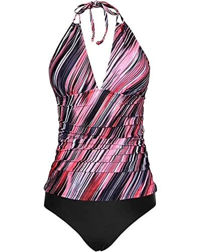 Plus Size Women's Print - Blocked Swim Tops in Multicolor for a Trendy and Fashion - Forward LookPlus Size Backless Tankini Ruched Bathing Suit