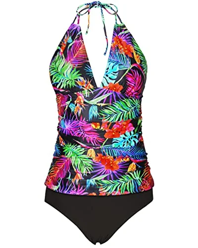 Women's High - Neck Swim Tops in Navy with Zipper for a Sleek and Sporty LookPlus Size Two Piece Halter Ruched Bathing Suit