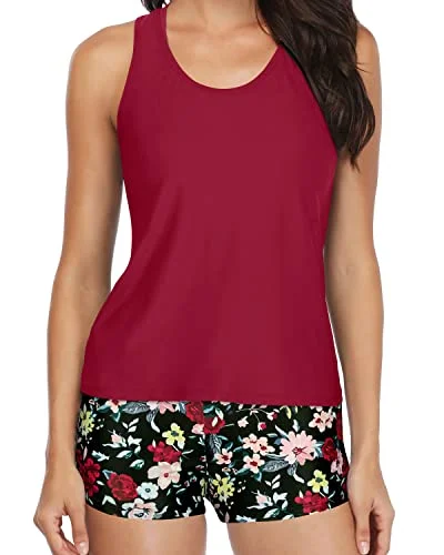 Women's Halter Neck Swim Tops with Tie - Back in Neon Colors for a Bold Summer VibeTummy Control Tankini Boy Shorts For Teens-Red Flowers