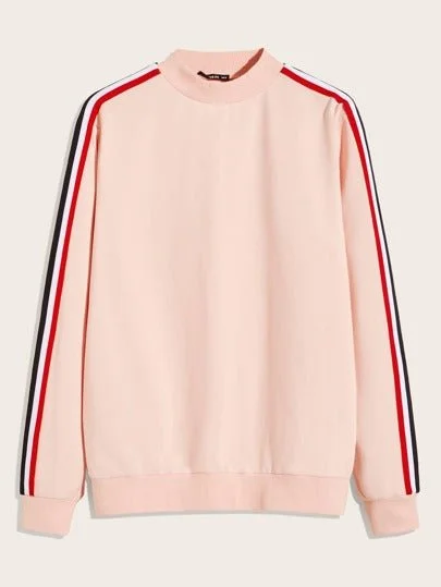 Women's long - sleeve cropped sweatshirt with ribbed cuffs for a snug fitSHEIN Contrast Strips Pink Sweatshirt