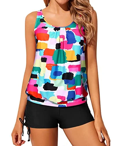 Women's Cut - Out Swim Tops in White with Geometric Shapes for an Edgy Beach StyleStylish And Modest Two Piece Tankini Blouson Top And Boyshorts-Aqua