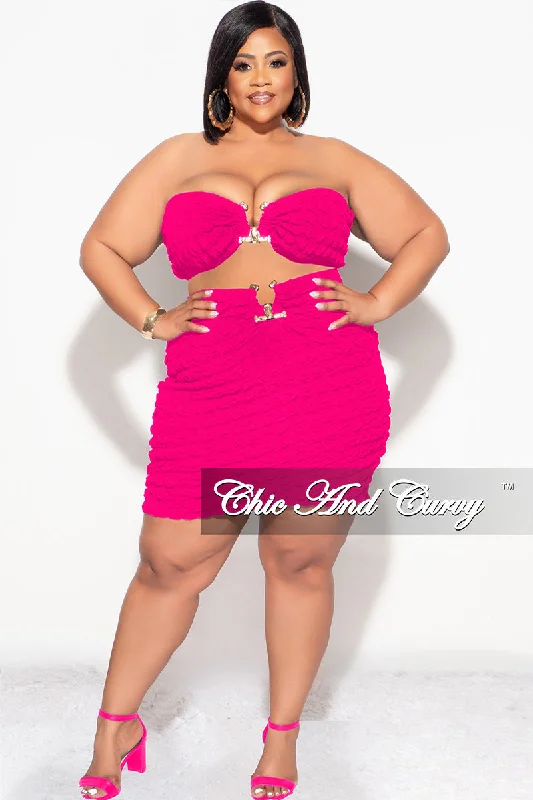 Final Sale Plus Size 2pc Honeycomb Texture Strapless Top and Skirt Set in Fuchsia