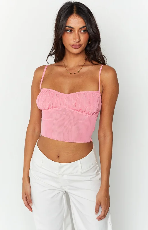 High - Neck Women's Crop Top in Burgundy with Lace Trim for an Elegant and Sophisticated VibeMora Pink Mesh Top