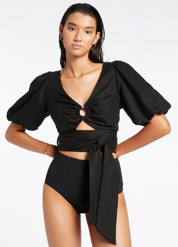 Wrinkle - resistant cover ups for easy travel to beach destinationsJetset Puff Sleeve Top - Black