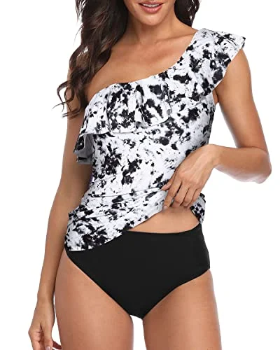 Women's Mesh - Inserted Swim Tops in Black for a Sexy and Modern Beach EnsembleFront Ruched Tummy Control One Shoulder Swimsuits For Women-Black And White Tie Dye