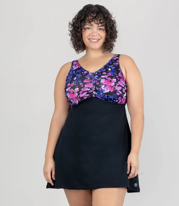 AquaSport Shirred Swim Dress Floral Elegance Print Black Petite/Average