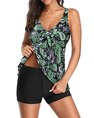 Plus Size Women's Floral - Embroidery Swim Tops in Cream for a Delicate and Elegant AppearanceWomen's Soft And Comfortable High Quality Fabric Tankini Swimsuits-Black Green Paisley