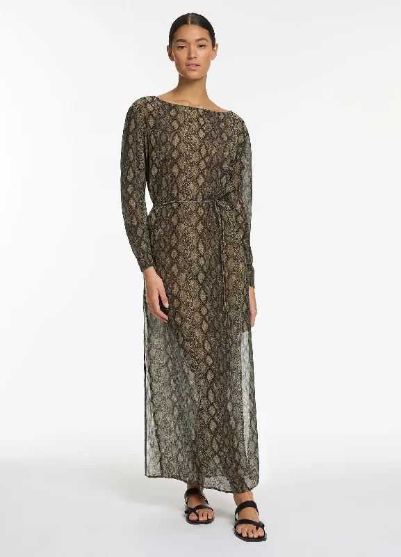 Printed sarong - style cover ups for a tropical vacation lookPython Crinkle Long Sleeve Cover Up - Olive