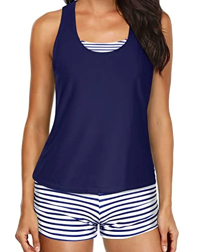 Plus Size Women's One - Shoulder Swim Tops in Pink with Ruching for a Figure - Flattering Design3 Piece Womens Tankini Swimsuit Push Up Padded Bra Athletic Bathing Suit-Blue White Stripe