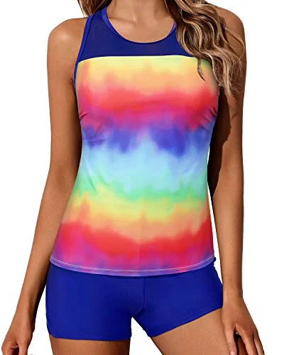 Plus Size Women's One - Shoulder Swim Tops in Pink with Ruching for a Figure - Flattering DesignTummy Control Racerback Tank Top Bathing Suits Boyleg Shorts For Women-Color Tie Dye