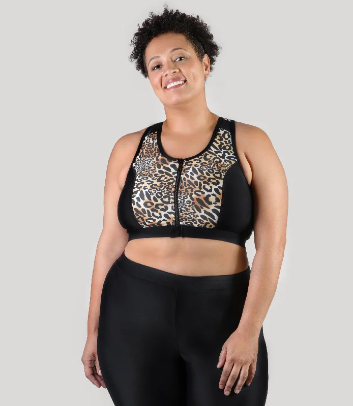 QuikEnergy Zip Front Swim Bra Leopard Print Black