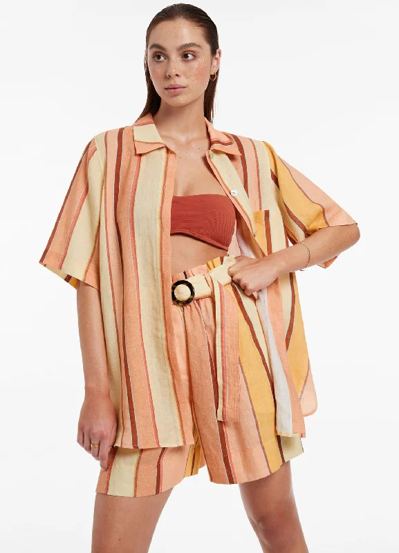 Belted cover ups for a more structured and fashionable lookFira Stripe Short Sleeve Shirt - Marigold