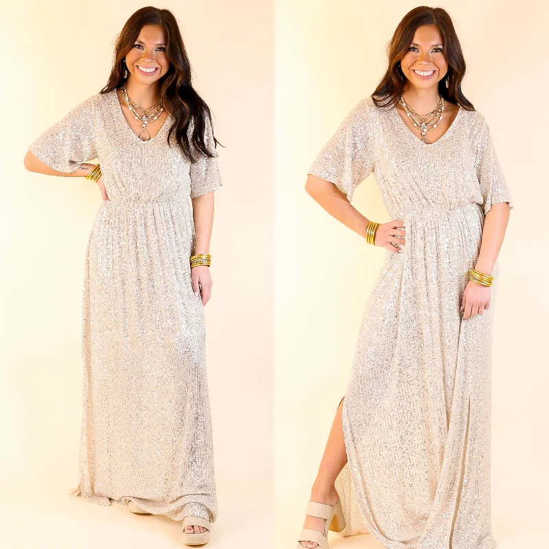 Sparkle In The City Short Sleeve Sequin Maxi Dress in Champagne