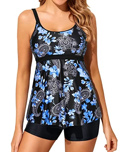 Women's Mesh - Inserted Swim Tops in Black for a Sexy and Modern Beach EnsembleTwo Piece Tankini Bathing Suits For Women Tummy Control Swimsuits Boy Shorts-Blue Floral