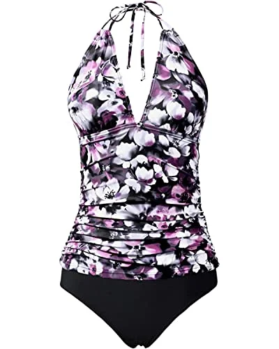 Plus Size Women's Ruffled Bikini Tops in Floral Print for a Feminine Beach LookPlus Size Halter V Neck Tankini Two Piece Bathing Suit