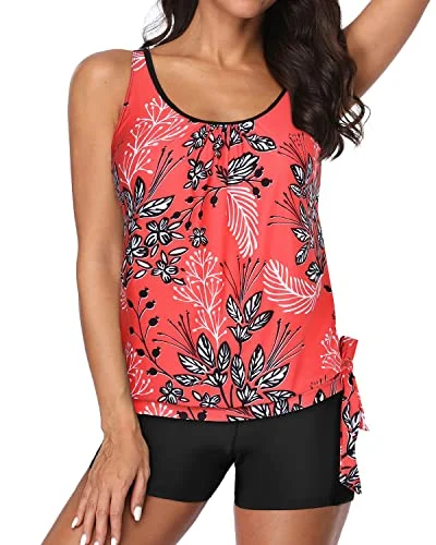 Women's Sheer - Paneled Swim Tops in Blue for a Flirty and Alluring Poolside LookBlouson Tankini Top Shorts Tummy Control Tankini Bathing Suit For Women-Red Floral