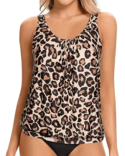 Women's Color - Blocked Swim Tops in Orange and Pink for a Vibrant Summer LookModest And Elegant Blouson Swim Top For Women-Leopard