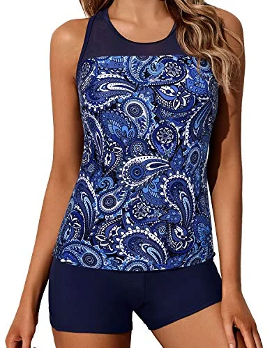 Plus Size Women's Print - Blocked Swim Tops in Multicolor for a Trendy and Fashion - Forward Look2 Piece Modest And Fitted Tankini Swimsuit Boyleg Bottoms-Navy Blue Tribal