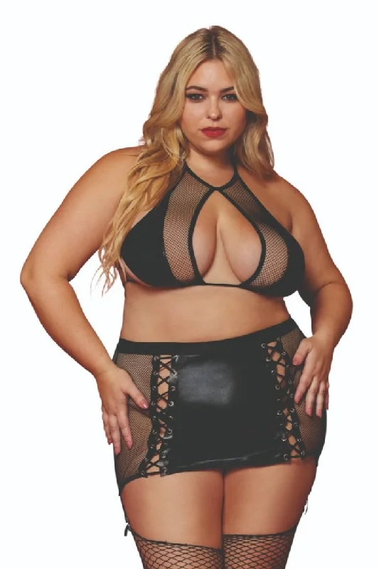 Thermal - lined skirt for cold - weather outdoor activitiesPlus Size Fishnet and Faux-Leather Bralette Skirt Set