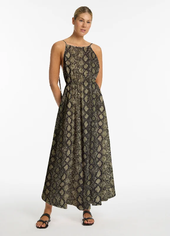 Wrinkle - resistant cover ups for easy travel to beach destinationsPython Backless Maxi Dress - Olive