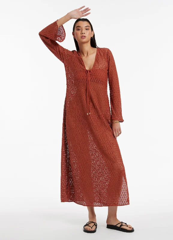 Recycled material cover ups for an environmentally friendly choiceStretch Lace Maxi Kaftan - Russet