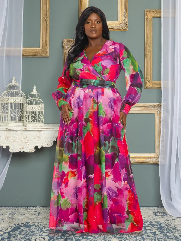 Abigail Plus Size Chiffon Maxi Dress in Pink Floral