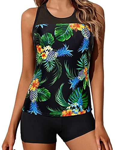 Women's Halter Neck Swim Tops with Tie - Back in Neon Colors for a Bold Summer VibeTankini Swimsuits For Women Sporty Tummy Control Bathing Suit-Black Pineapple