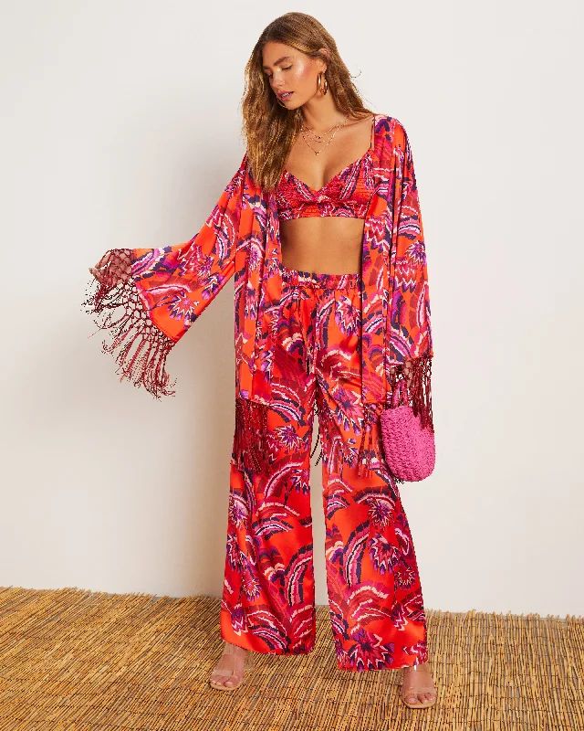 Button - down cover ups for a versatile and easy - to - wear optionAzra Tropical Fringe Kimono