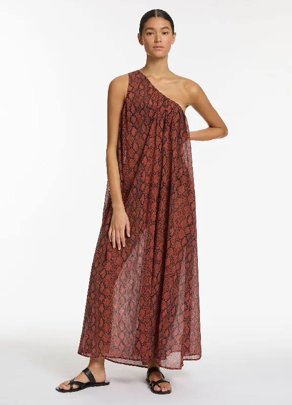 Anti - UV ray cover ups for outdoor summer activitiesPython Crinkle One Shoulder Maxi Dress - Spice