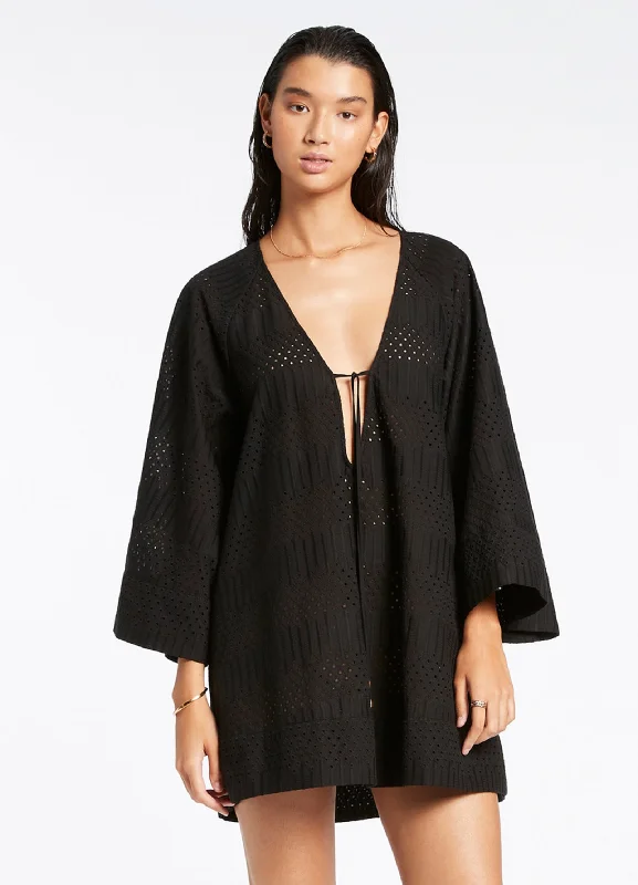 Women's sheer chiffon cover ups for beach partiesBroderie Kaftan - Black