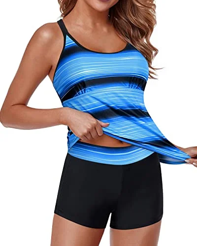 Women's Long - Sleeve Rash Guard Swim Tops in Black for Sun Protection and SurfingTummy Control Two Piece Swimsuit For Women Shorts Bathing Suits-Blue And Black Stripe