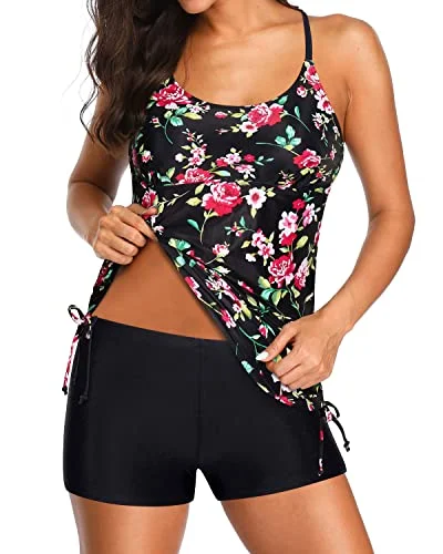 Women's High - Neck Swim Tops in Navy with Zipper for a Sleek and Sporty LookModest Coverage Long Torso Tankini Swimsuits For Women-Black Floral