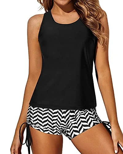 Women's Seersucker - Textured Swim Tops in Light Blue for a Preppy Beach AestheticWomen's Athletic 3 Piece Tankini Swimsuits Boy Shorts And Bra-Black And White