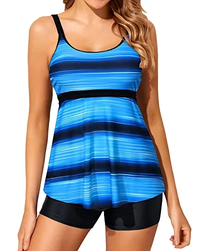 Women's High - Neck Swim Tops in Navy with Zipper for a Sleek and Sporty LookU Neck Tankini Swimsuits For Women 2 Piece Bathing Suits Boy Shorts-Blue And Black Stripe