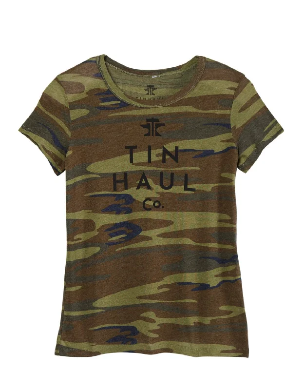 Mock - Neck Women's Knit Blouses in a Modern Style Tin Haul Womens Logo Screen Print Camo Cotton Blend S/S T-Shirt Mock - Neck Women's Knit Blouses in a Modern Style Tin Haul Womens Logo Screen Print Camo Cotton Blend S/S T-Shirt