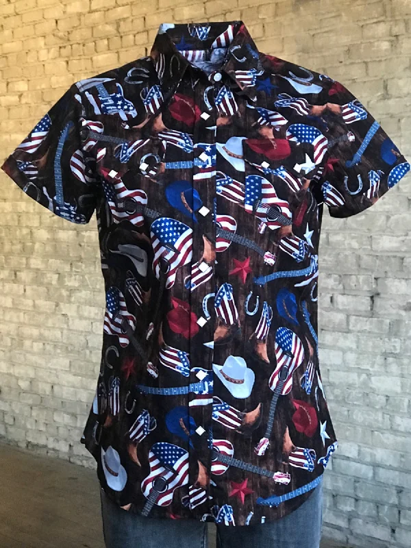 Button - Down Women's Knit Blouses with a Chunky Knit Texture Rockmount Womens Multi-Color 100% Cotton American Flag Western S/S Shirt Button - Down Women's Knit Blouses with a Chunky Knit Texture Rockmount Womens Multi-Color 100% Cotton American Flag Western S/S Shirt
