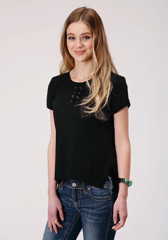 Women's Cropped Knit Tops with Ruffled Sleeves for a Feminine Look Roper Womens Black Poly/Rayon Self Cross Straps S/S T-Shirt Women's Cropped Knit Tops with Ruffled Sleeves for a Feminine Look Roper Womens Black Poly/Rayon Self Cross Straps S/S T-Shirt