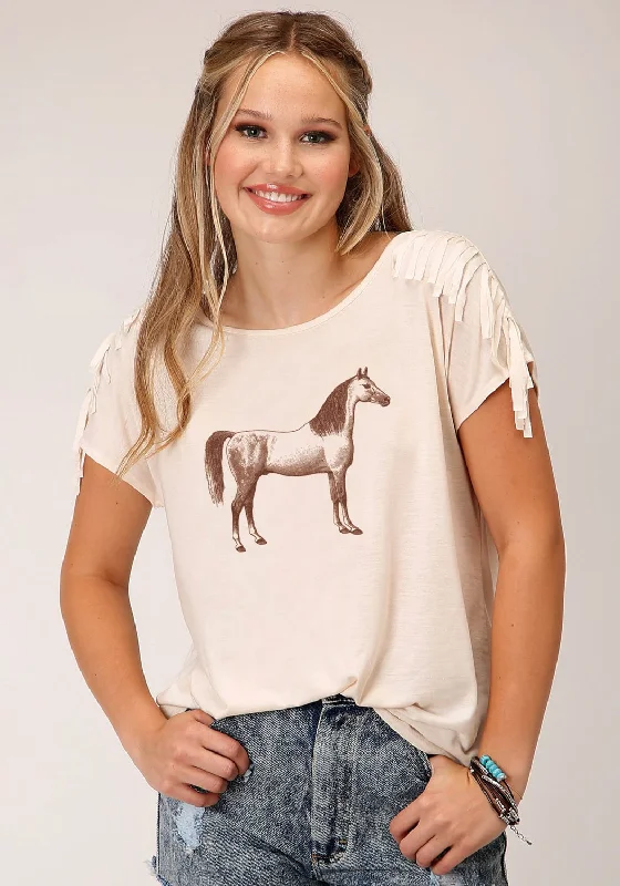 Floral - Printed Women's Knit Blouses in a Dainty Pattern Roper Womens Brown Horse Cream Poly/Rayon S/S T-Shirt