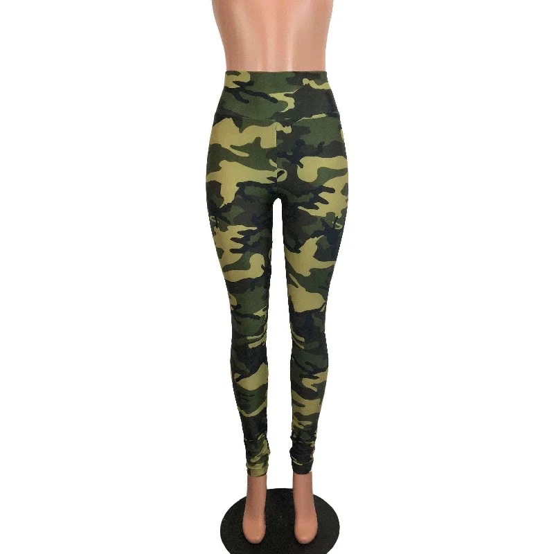 Women's Tight Trousers with Elastic Waistband in Black for Easy and Comfortable WearCamo or Camouflage High Waisted Leggings Pants