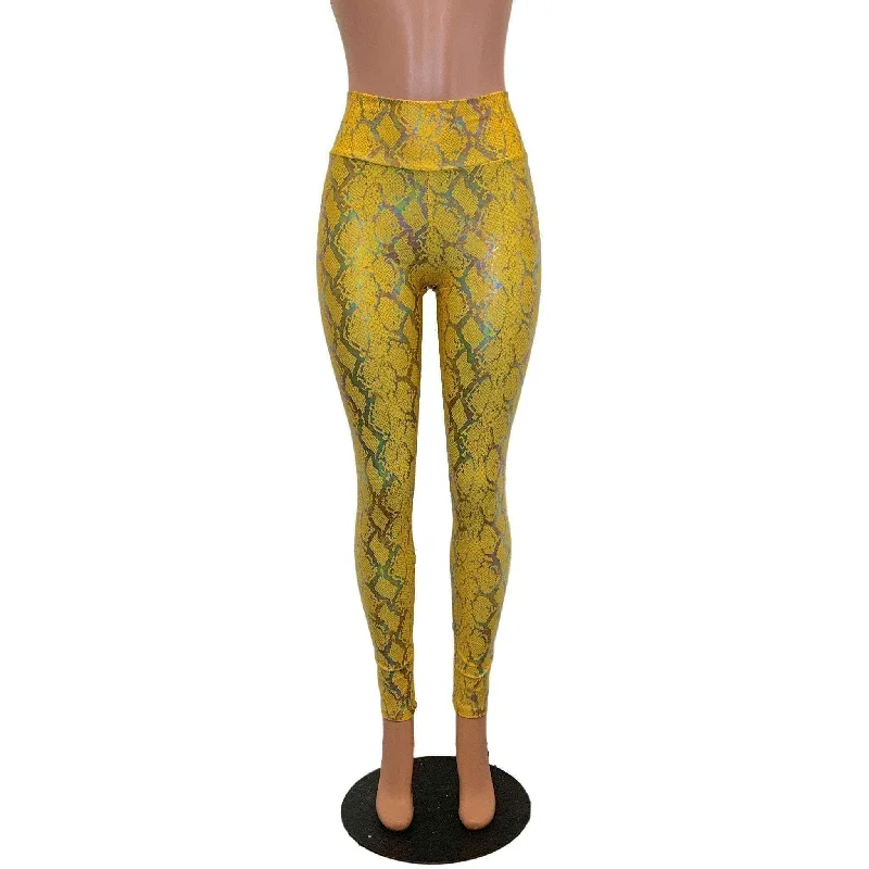 Plus Size Women's Corduroy Tight Trousers in Olive Green for a Retro and Cozy VibeHigh Waist Leggings - Yellow Snakeskin Holographic