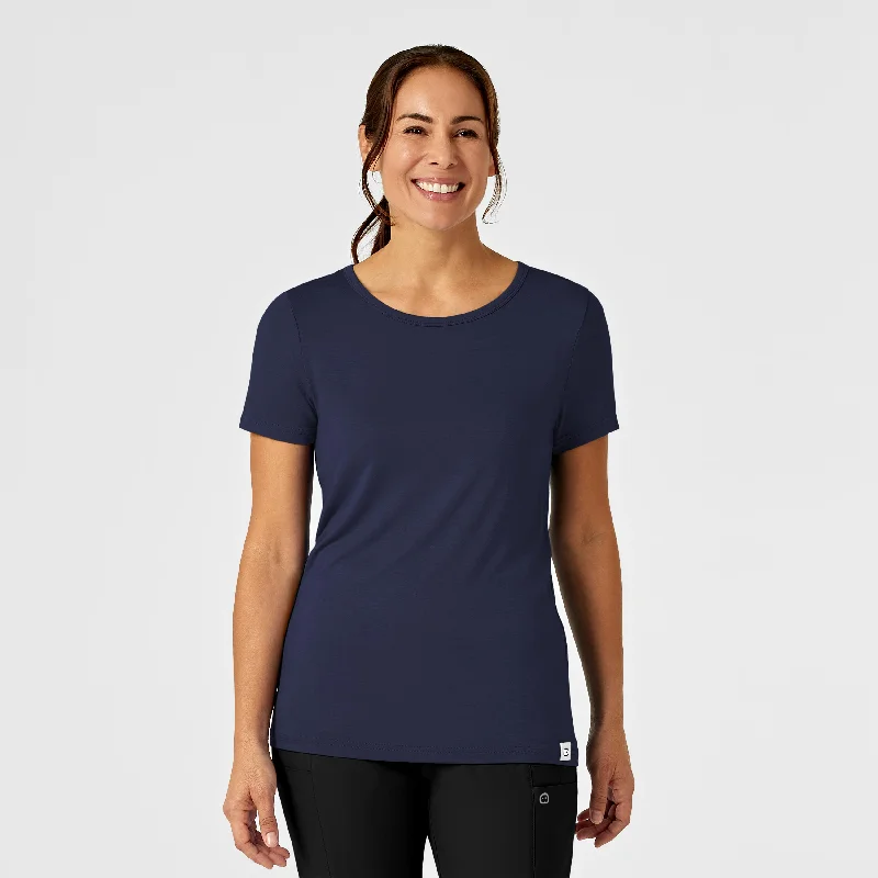 Pocketed Women T Shirt for Added FunctionalitySilky Knit Short Sleeve Tee - Navy