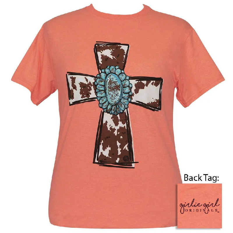 Embroidered Women T Shirt with Intricate DetailsTurquoise Cow Cross Retro Heather Coral SS-2407